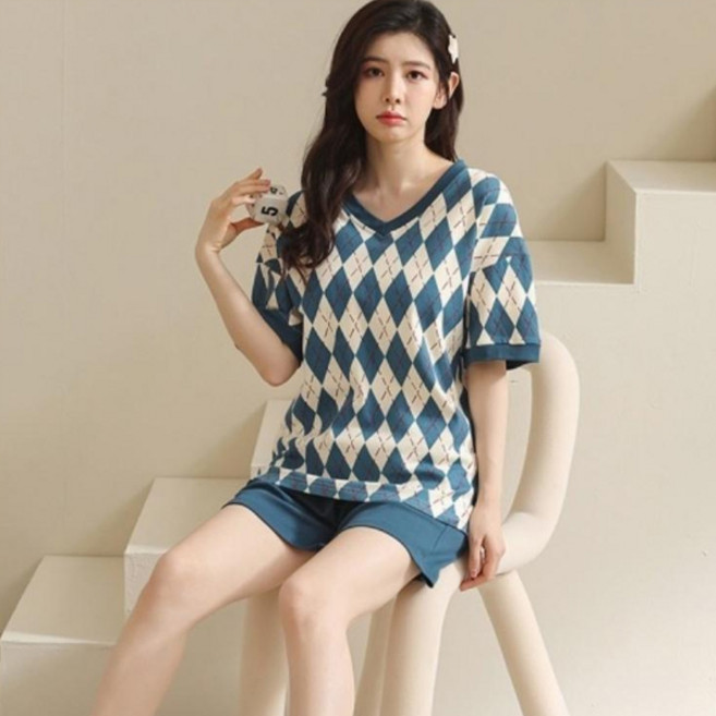 SNF 여성용 아가일패턴 반팔 반바지 파자마 세트 Y3502