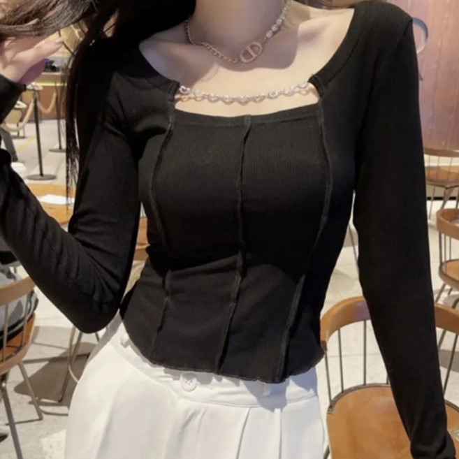 ViVEMO 女款小眾方領直條紋羅紋針織T恤 00834