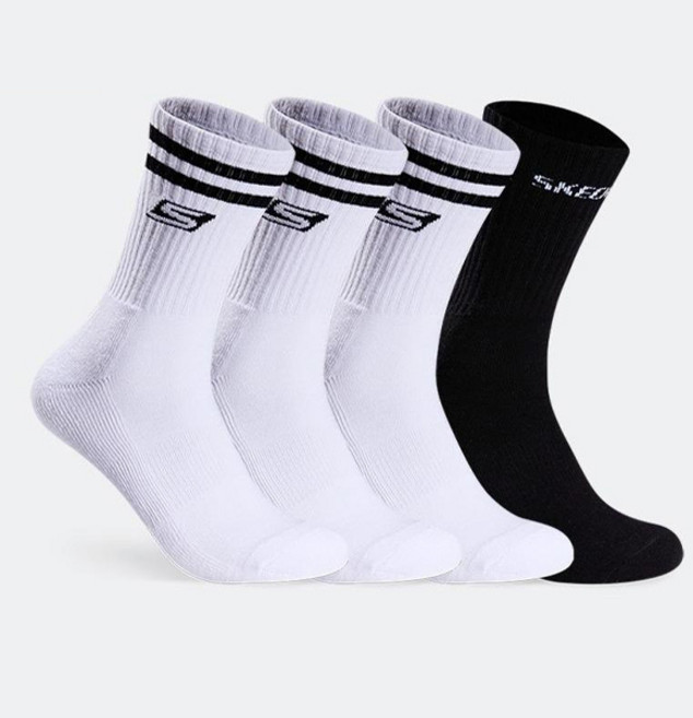 스케쳐스 남성용 스포츠쿠션 탑라인 로고 크루삭스 세트, 화이트 + 블랙, 4개