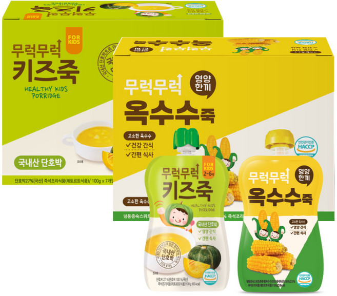 이유케어스 키즈 무럭무럭 죽 2종 x 7p 세트, 단호박맛, 옥수수맛, 1세트, 100g