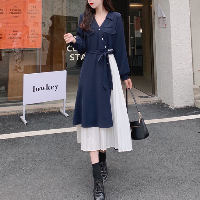 PAPERMENTS 大尺碼V領長袖拼接褶皺連身裙, 海軍藍