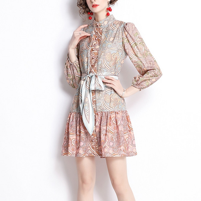 페이퍼먼츠 복고풍 에스닉 반하이넥 허리리본 미니 원피스 01603 빅사이즈 포함