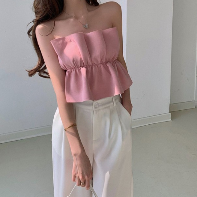 비비에모 여성용 통기성 오픈 숄더 프릴 섹시 튜브 탑 00964