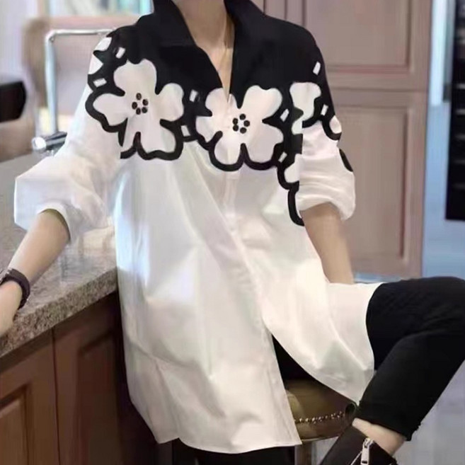 ATTERLIC 女款大花朵寬鬆開衩中長版襯衫 00691