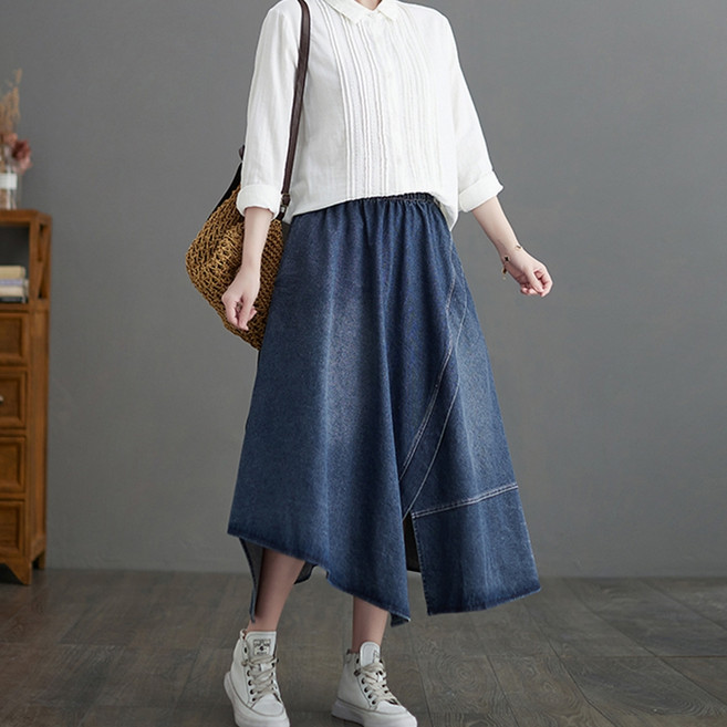 메이첼 빅사이즈 밴딩 절개라인 트임 롱 데님 스커트 00569