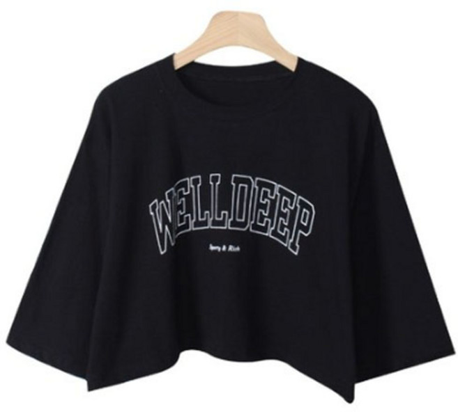 린다샵 여성용 통기성 미타호 레터링 크롭 박시 반팔 티셔츠 T9274K23