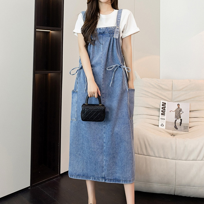 MeiChel 大尺碼側口袋牛仔吊帶連身裙, 藍色