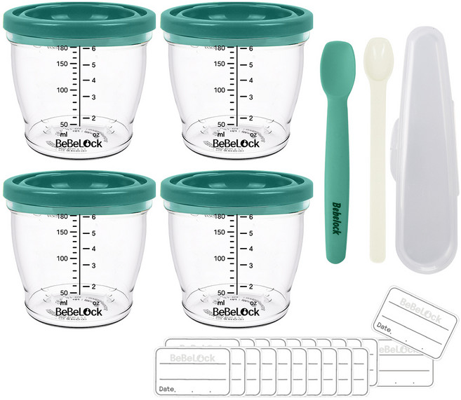 베베락 엘파 밀폐이유식 용기 4p + 스푼 1단계 + PP스푼 + 네임스티커 24p 세트, 180ml, 민트그린, 1세트