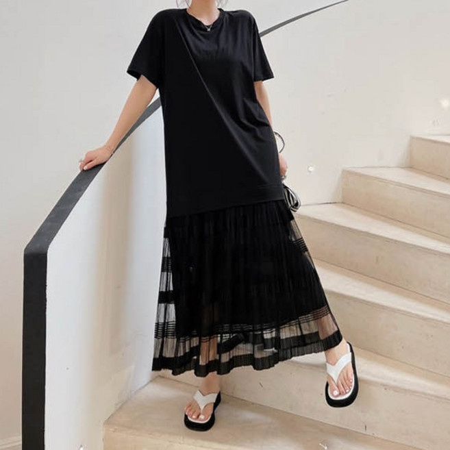 메이첼 망사 주름 롱 시크한 데일리 원피스 00551 빅사이즈 포함