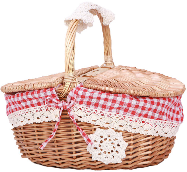 올하이 원목 피크닉 바구니 중, 06 럭셔리 + 레드 깅엄, 1개