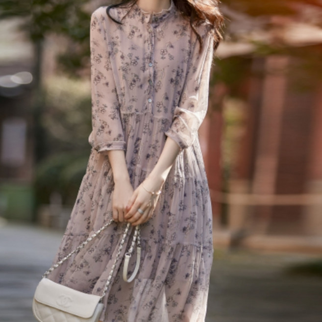 PAPERMENTS 亨利領復古小花圖案中長連身裙, 粉色的