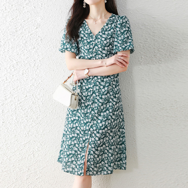 페이퍼먼츠 브이넥 플라워 반소매 쉬폰 앞트임 미디 원피스 01892 빅사이즈 포함