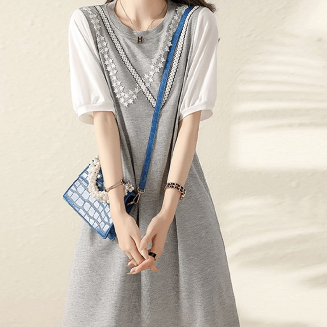 페이퍼먼츠 배색 시스루 5부 소매 미니 원피스 01928 빅사이즈 포함