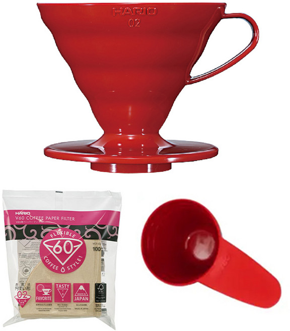 하리오 V60 PP 핸드 드립 3~4인용 드리퍼 VD-02R + 여과지 VCF-02-100M 100p + 계량스푼 세트, 레드(드리퍼), 브라운(여과지), 1세트