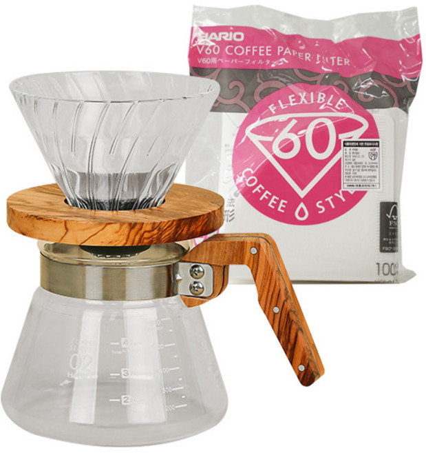 하리오 V60 올리브우드 드립세트 1~2인 VCWN-40-OV+VDG-01-OV+VCF-01-100W, 혼합색상, 1세트