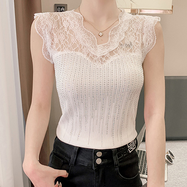 비비에모 여성용 큐픽 핫픽스 섹시 레이스 민소매 티셔츠 01192