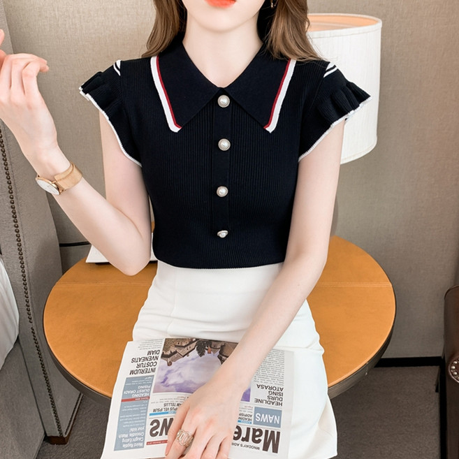 페이퍼먼츠 여성용 물결소매 배색라인 골지 반팔 티셔츠 02052