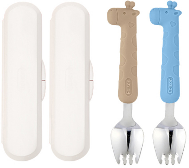에디슨 기린 실리콘 유아동포크 세트, 스포크 2종 + 케이스, 기린베이지 + 기린블루, 1세트