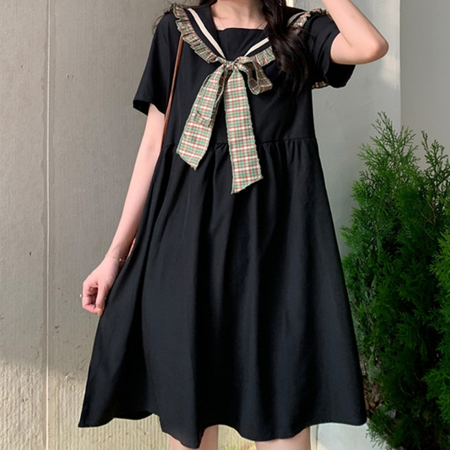 메이첼 체크 프릴 리본 세일러 원피스 00740 빅사이즈 포함