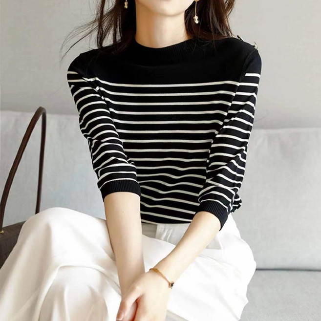 Paperments 女性條紋七分袖T恤 01844