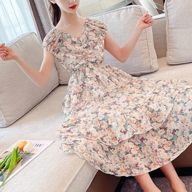 오렌지다몸 여아용 브이넥 꽃쉬폰 캉캉 롱 원피스