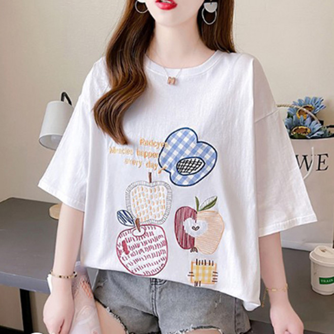 메이첼 여성용 통기성 애플타임 자수패치 코튼 반팔 티셔츠 00981