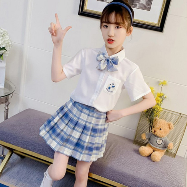 Orenjidamom 女童皇冠學院風襯衫格紋領帶裙子套裝