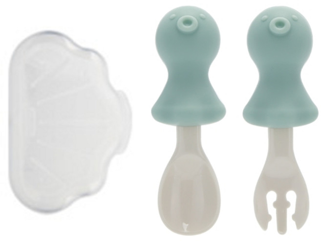 에디슨 국산 아기 문어 자기주도 실리콘 세트, 민트, 스푼 + 포크 + 케이스, 1세트