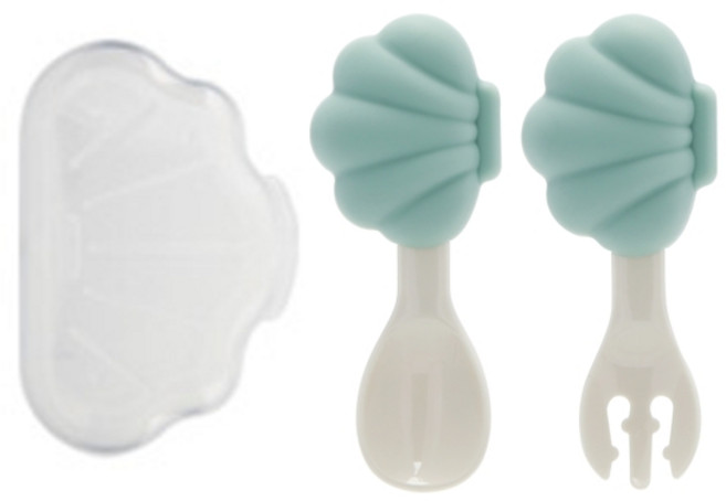 에디슨 국산 미니 조개 자기주도 실리콘 스푼 세트, 1세트, 스푼 + 포크 + 케이스, 민트