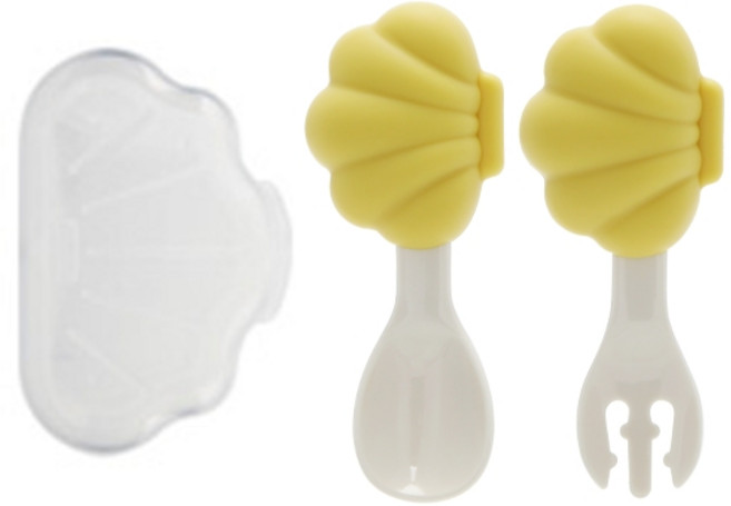 에디슨 국산 미니 조개 자기주도 실리콘 수저세트, 1세트, 스푼 + 포크 + 케이스, 옐로우