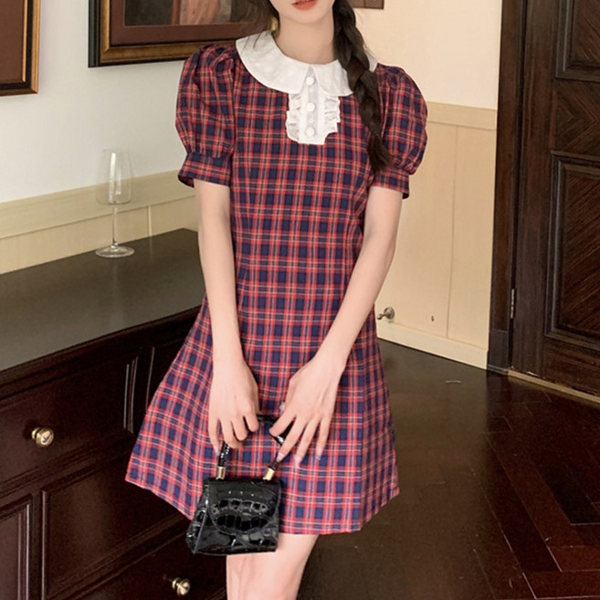 메이첼 레드체크 둥근넥 미니 원피스 01094 빅사이즈 포함