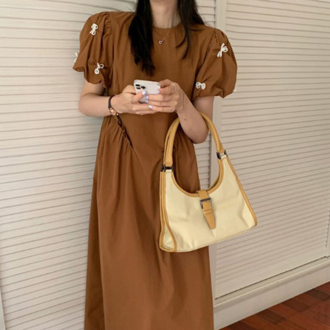 메이첼 통기성 리본 퍼프소매 허리 프릴 롱 원피스 00782