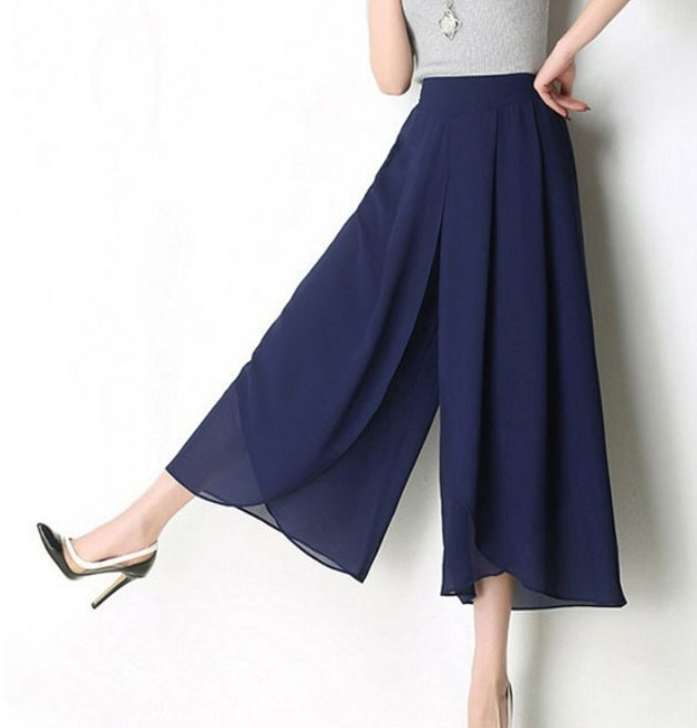 풍깍쟁이 여성용 쉬폰 와이드 하이웨이스트 큐롯 긴바지