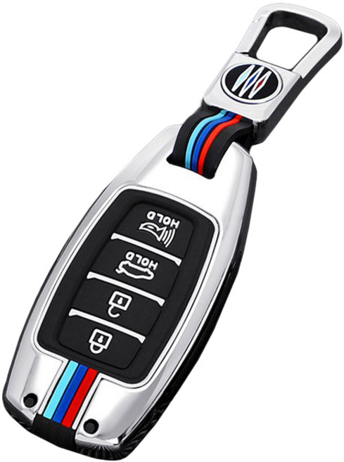 크로니클 풀메탈 현대 그랜저 Z라인 스마트 키케이스 + 키링 세트, 실버, 1개, 현대 4/5버튼타입