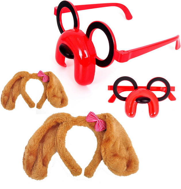 파티쇼 강아지 파티 머리띠 + 안경 세트, 브라운(머리띠), 레드(안경), 2세트