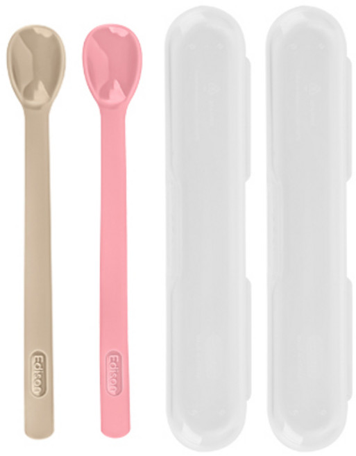 에디슨 실리콘 이유식 스푼 + 케이스 2종 세트 2단계, 베이지 + 핑크, 1세트