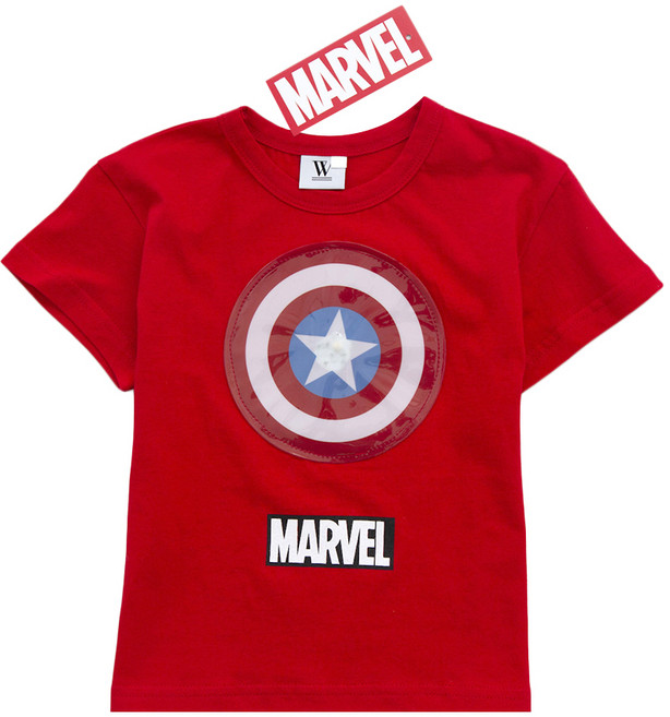 더블유 마블 아동용 통기성 캡틴 아메리카 어벤져스 불빛 반팔 티셔츠