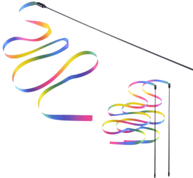 로위드 고양이 무지개 리본 체조 막대 낚싯대 장난감, 혼합색상, 3개