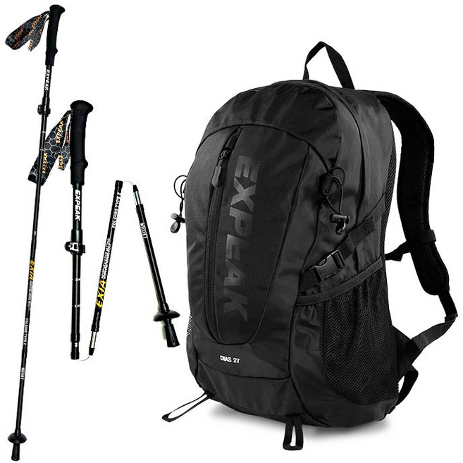 엑스피크 디아즈 백팩 27L + 엑시아 5단 등산스틱 2p 세트, 블랙
