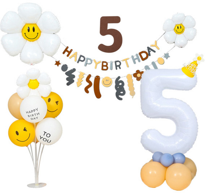 P&B UNITY 雛菊數字柱毛氈掛旗 5 生日氣球 + 隨機出貨配件組, 混合顏色, 1個