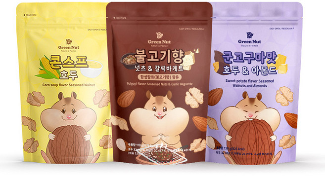 그린너트 시즈닝 콘스프 호두 130g + 불고기향 넛츠 앤 갈릭바게트 110g + 군고구마맛 호두 앤 아몬드 130g 세트, 370g, 1세트