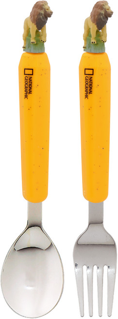 릴팡 내셔널지오그래픽 키즈 리얼네이쳐 스테인리스 스틸 라이언 스푼 + 포크 세트, 혼합색상, 1세트