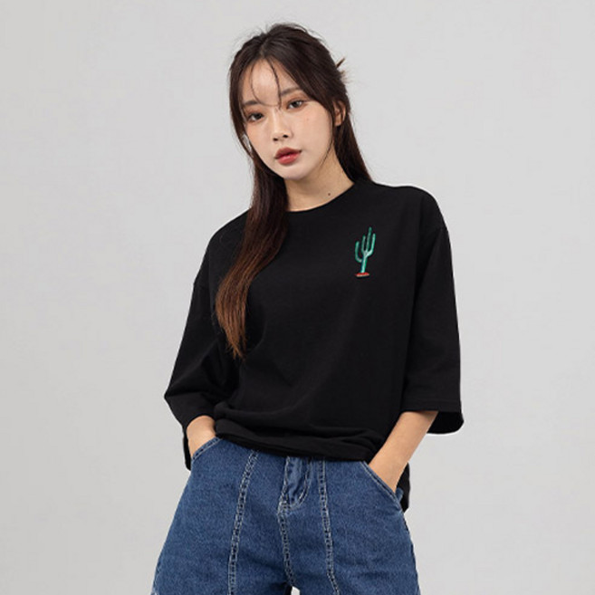 ELLENASSY CACTUS 透氣七分袖T恤, 黑色