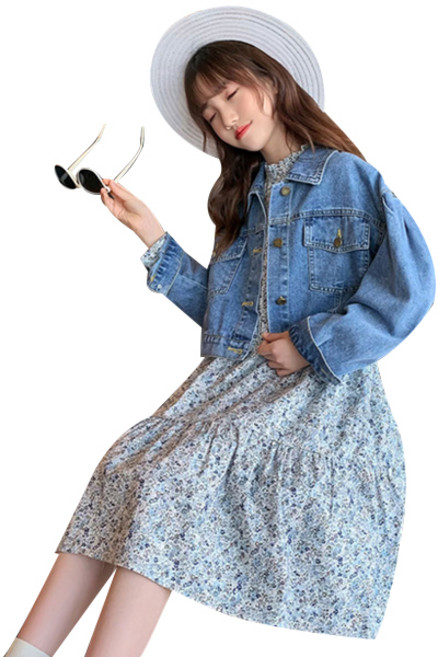 엣지랜드 여아용 데님자켓 + 잔꽃원피스 세트