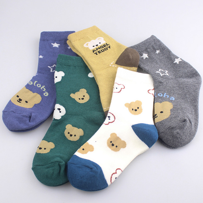 새실로 루쓰키즈 아동용 푸푸 곰돌이 패턴 중목 양말 5종 세트