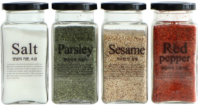 위띵크 유리 사각 양념통 세트, 양념통 250ml x 4p + 라벨링 스티커 9종, 1세트