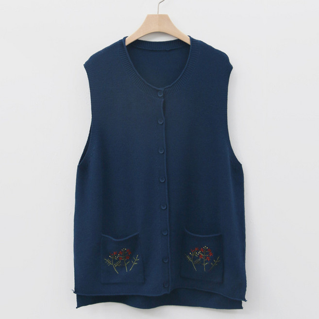 Loves Jina 刺繡口袋圓領鈕扣背心