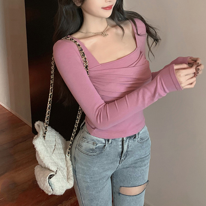 비비에모 여성용 스퀘어넥 주름 셔링 긴팔 슬림핏 티셔츠 01759