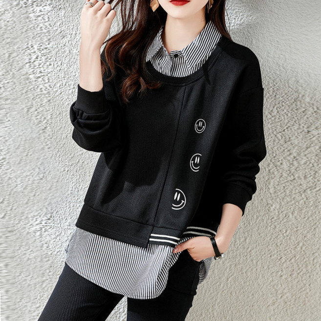 ATTERLIC 女款大尺寸層次感條紋襯衫大學T