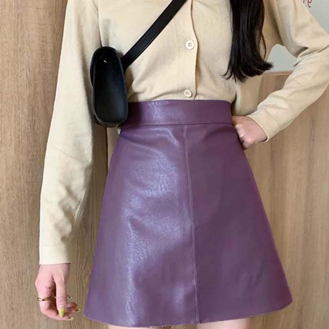 메이첼 하이웨스트 후면 지퍼 A라인 가죽 미니 스커트 01241